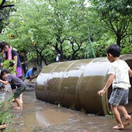 園庭の水たまりで遊ぶ子どもと職員