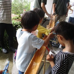 流しそうめんを楽しむ子どもたち