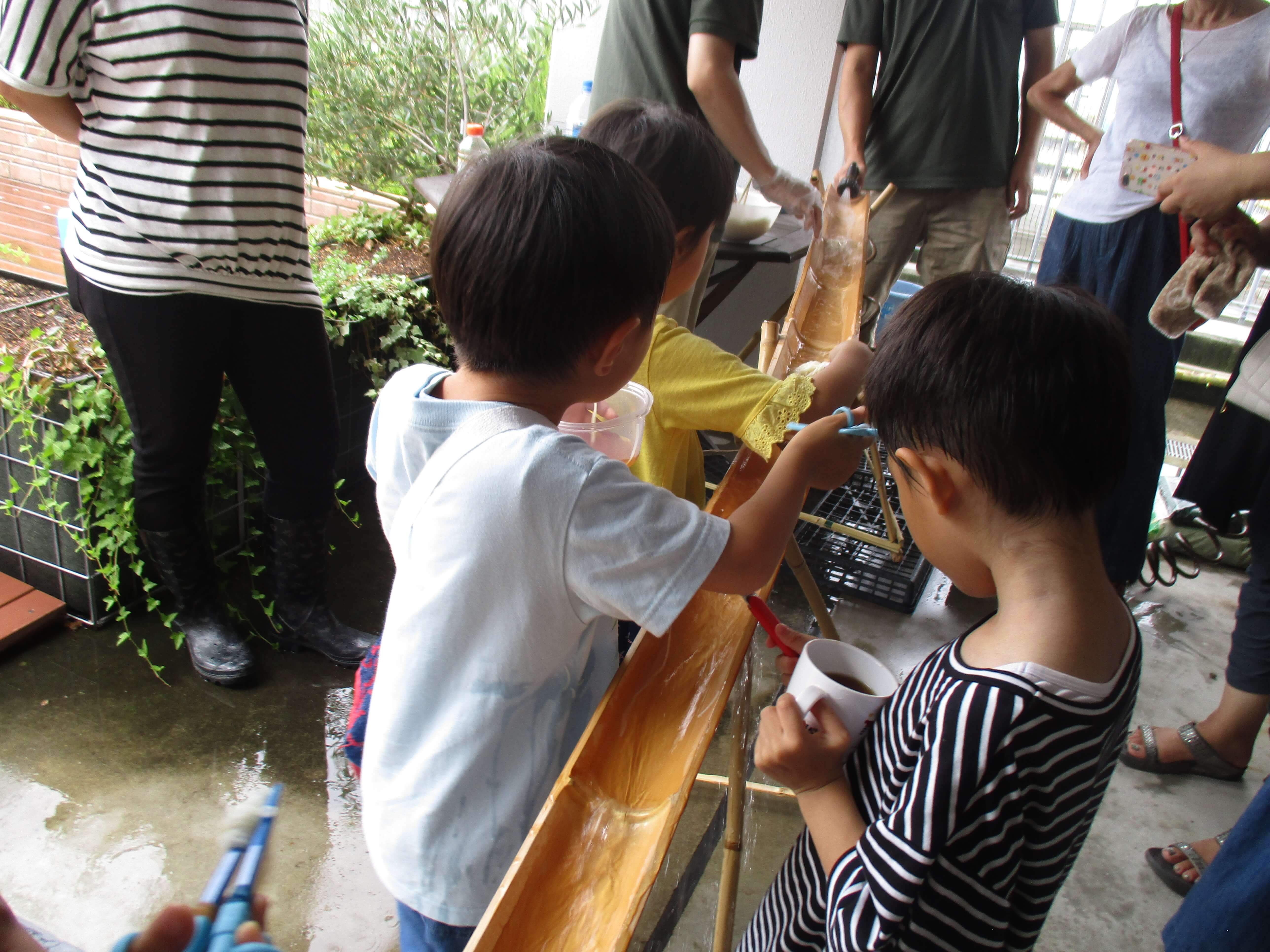 流しそうめんを楽しむ子どもたち