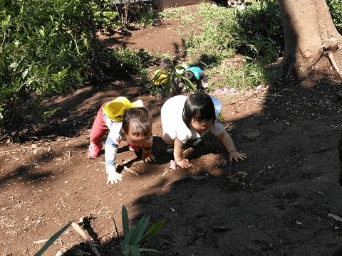 斜面をよじ登る子どもたち