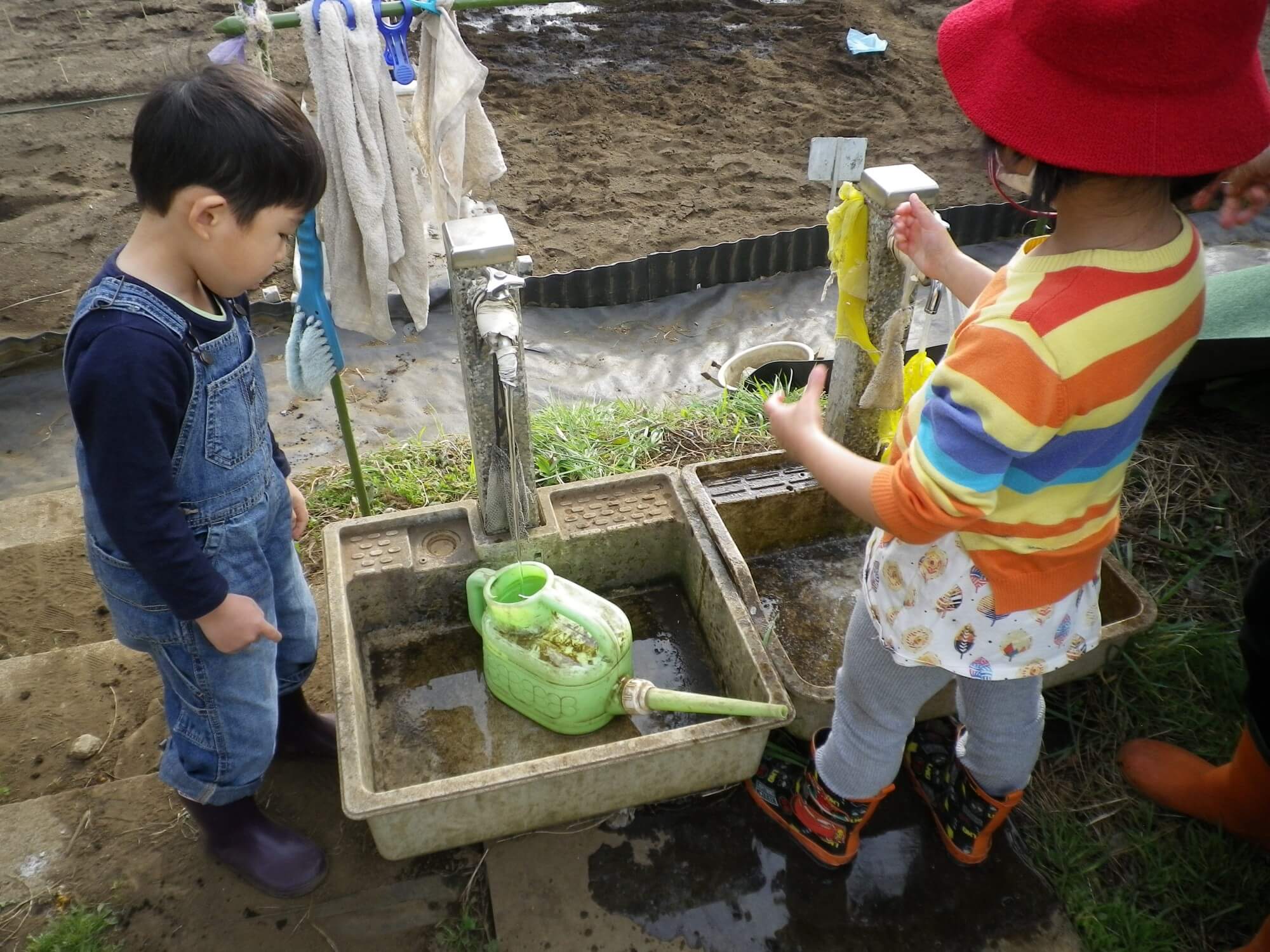 じょうろに水を入れる子どもたち