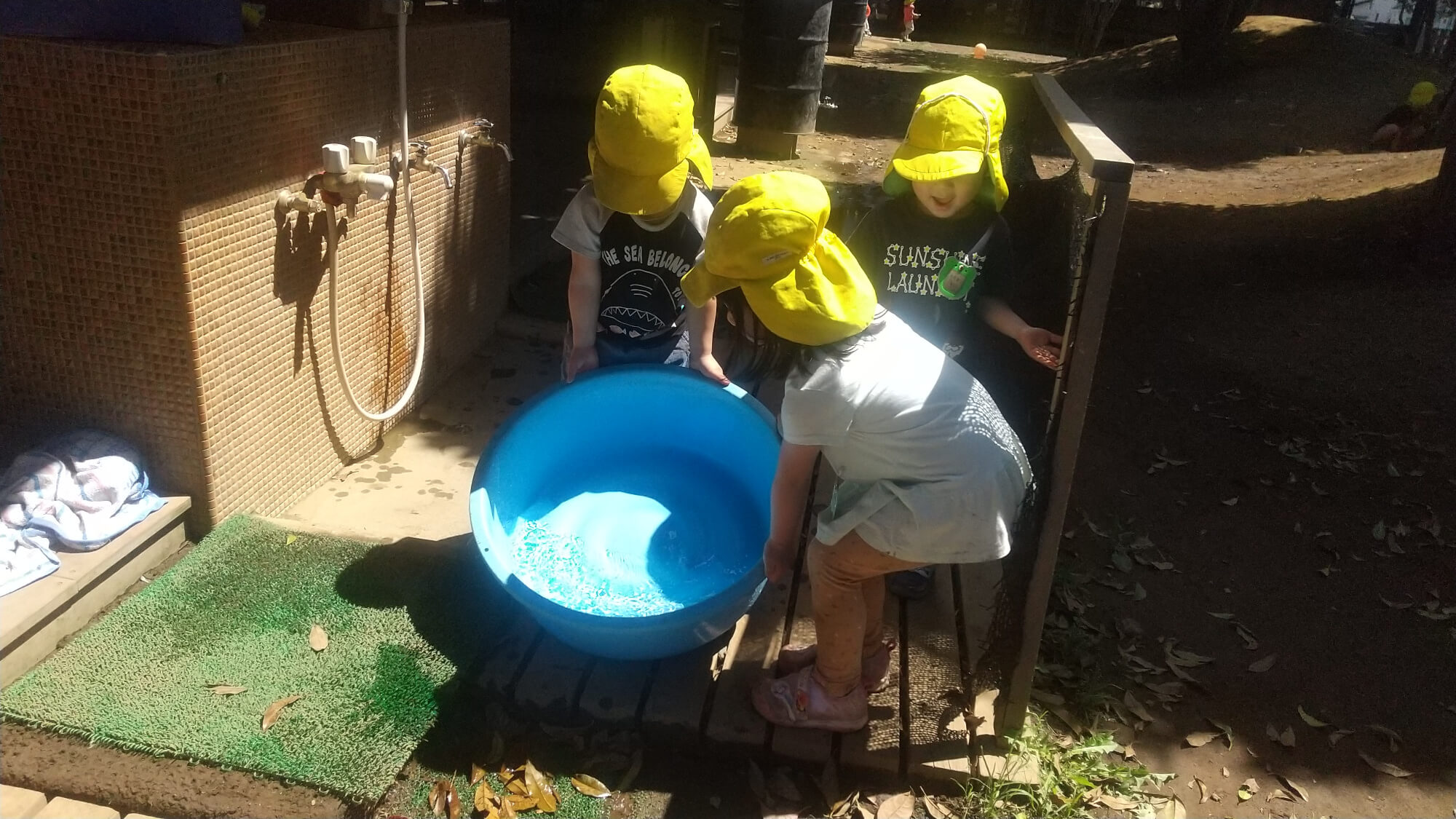 たらいに水を入れる子ども