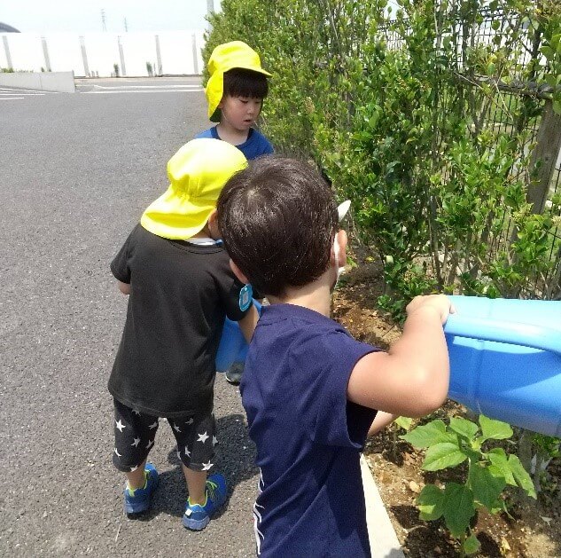 花壇に水をあげる子どもたち