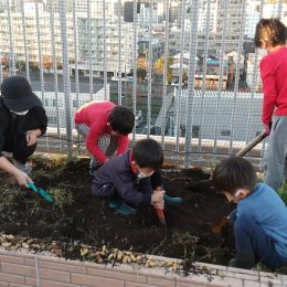 土を掘り起こす子どもたち