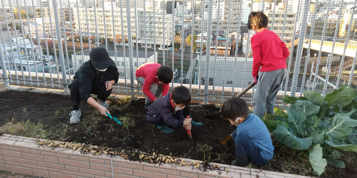 土を掘り起こす子どもたち