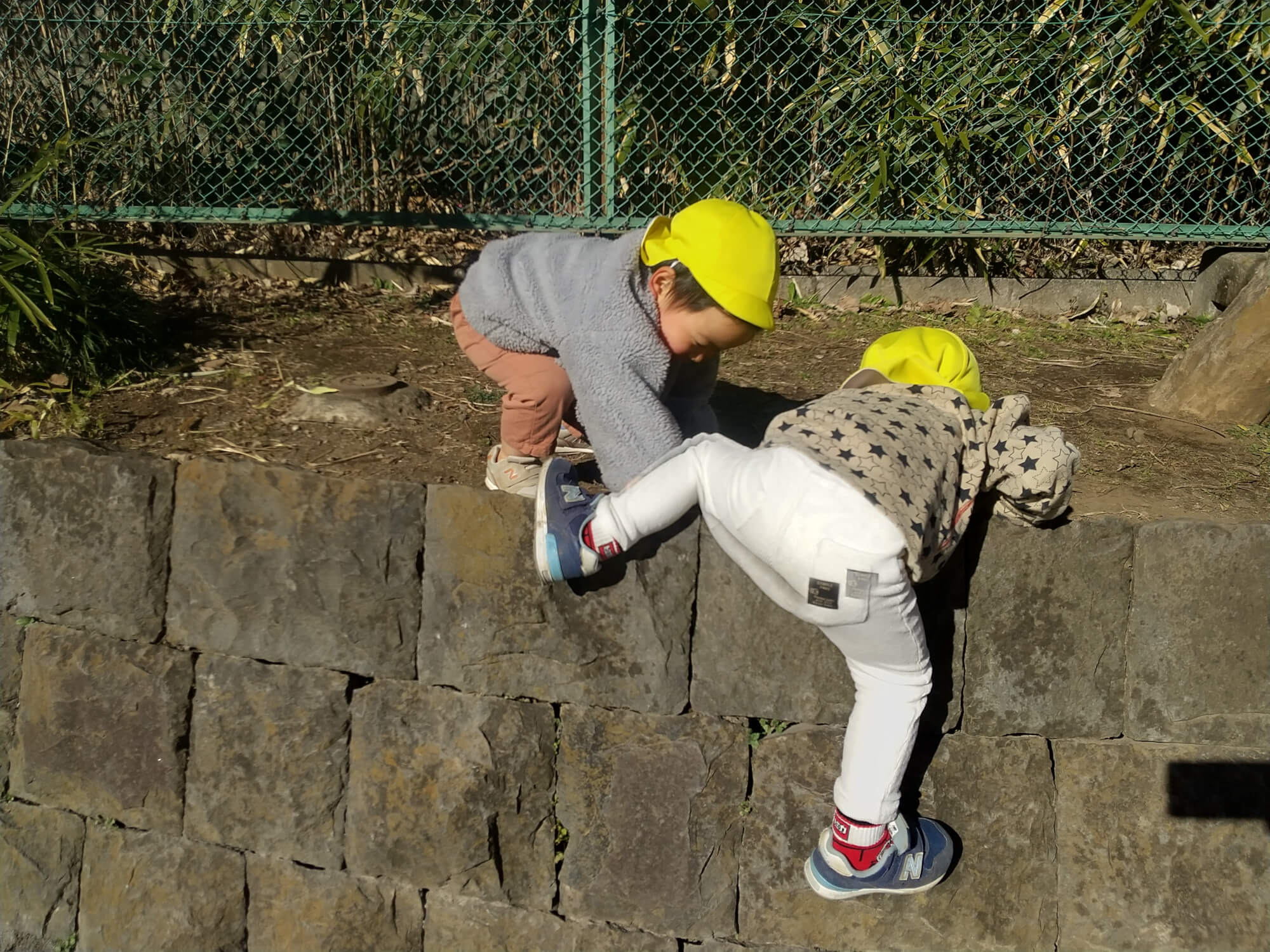 塀をよじ登る子どもたち