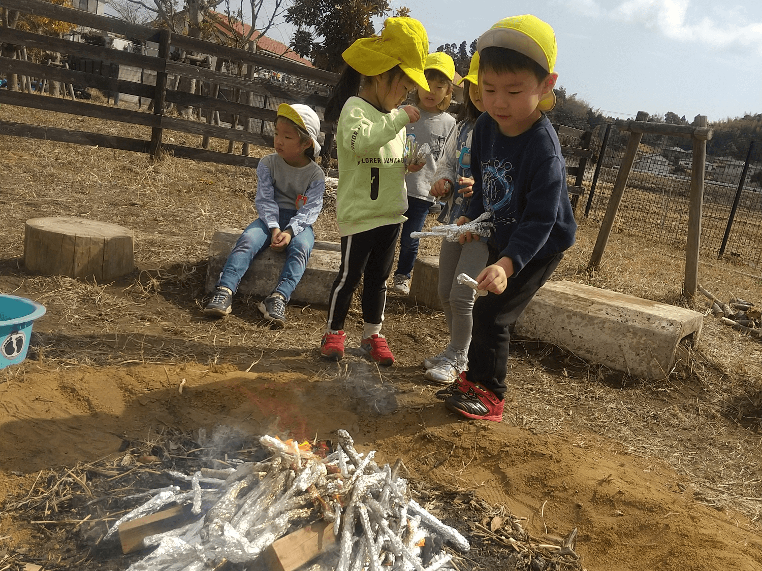 焚き火に木の枝を入れる子どもたち