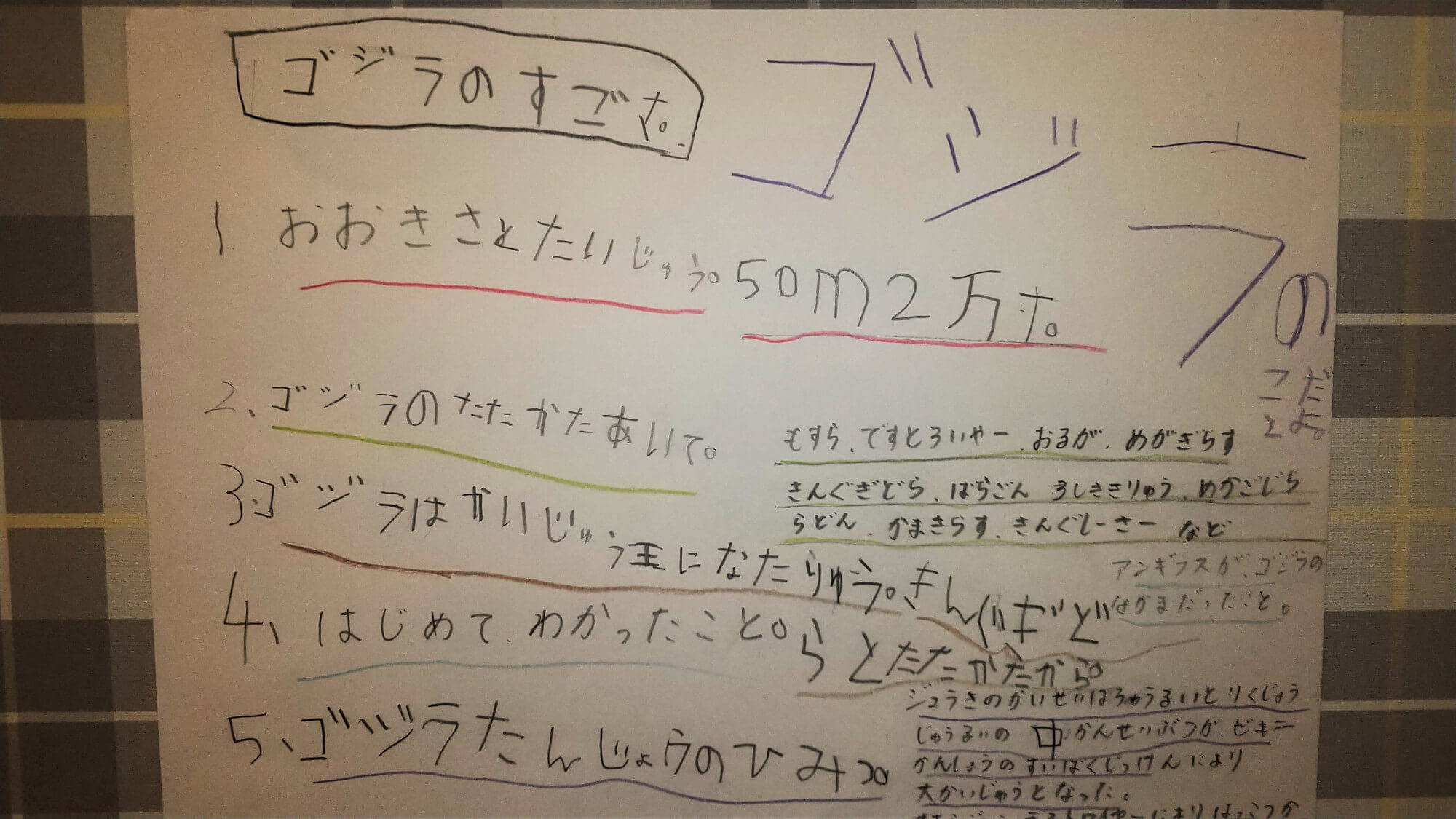 怪獣について調べたことを紙に書きました