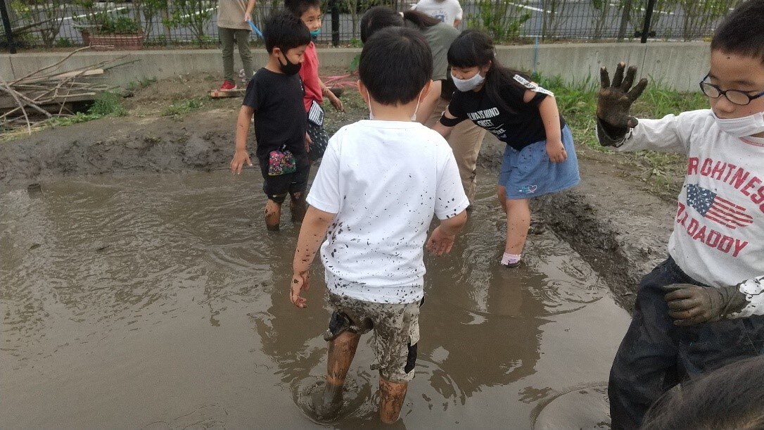 田んぼの中に入る子どもたち