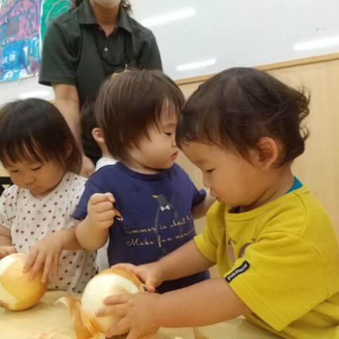 玉ねぎの皮をむく1歳児