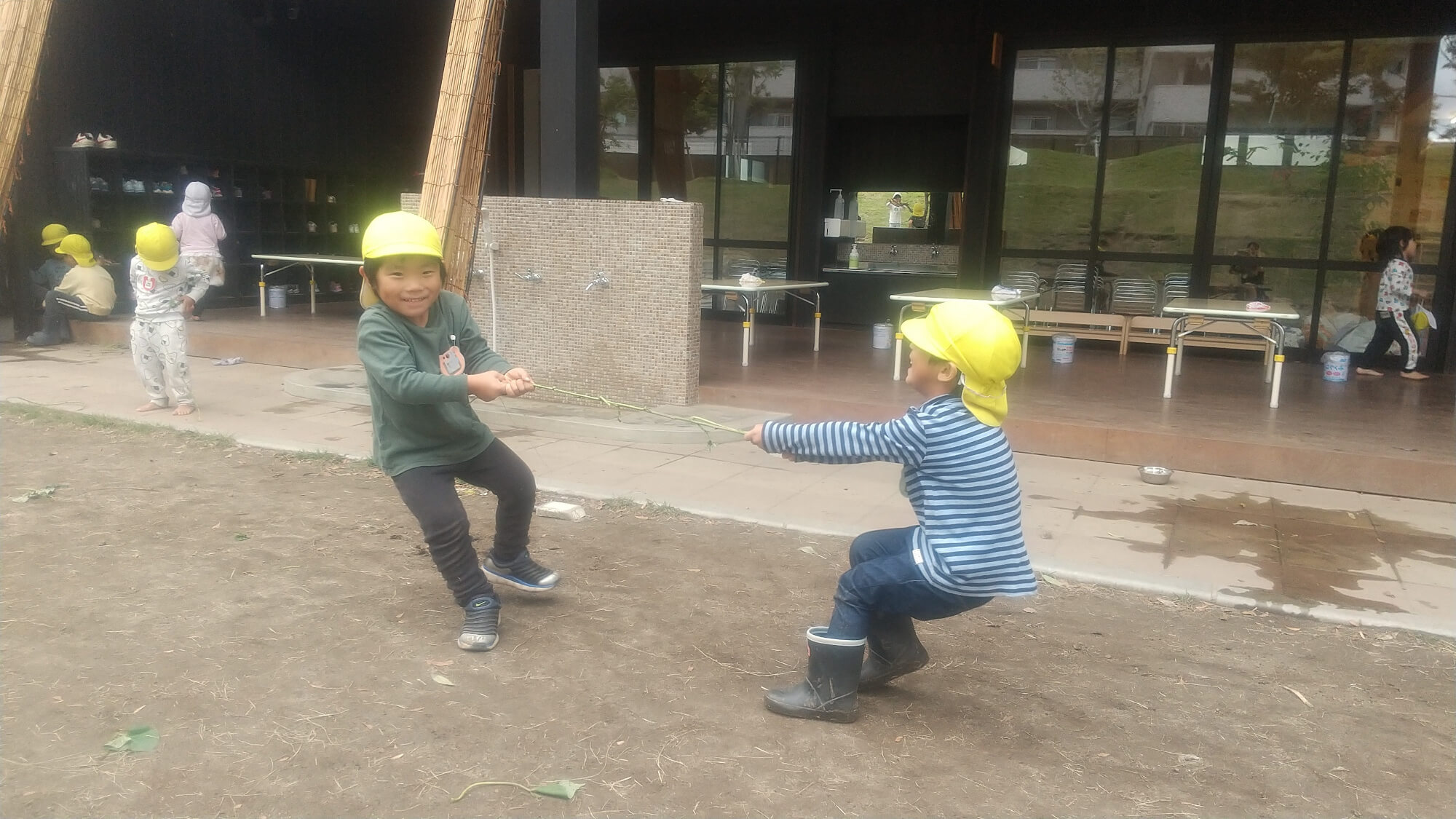 芋づるで綱引きを楽しむ子どもたち