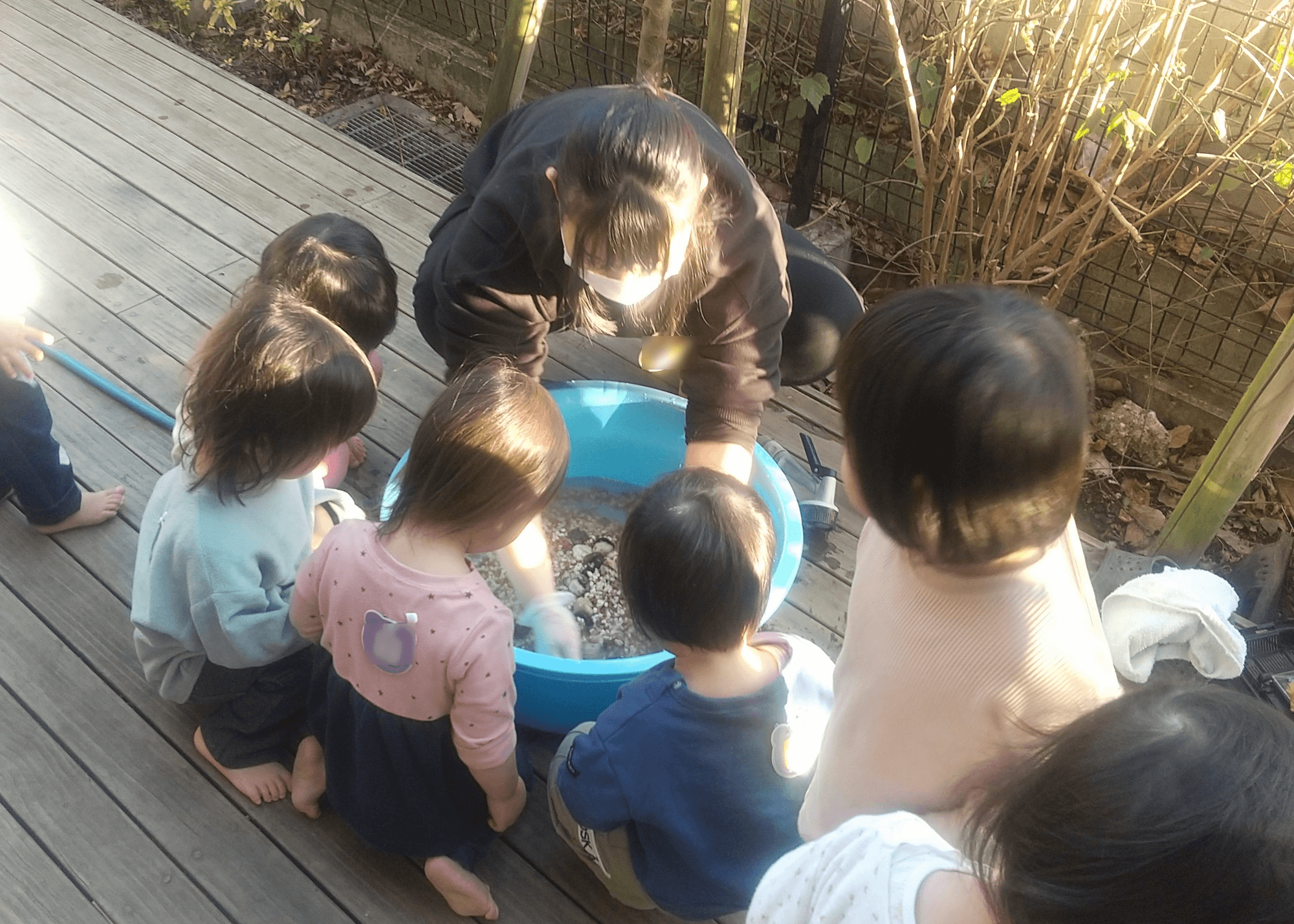 水槽の中の石を洗う子どもたち