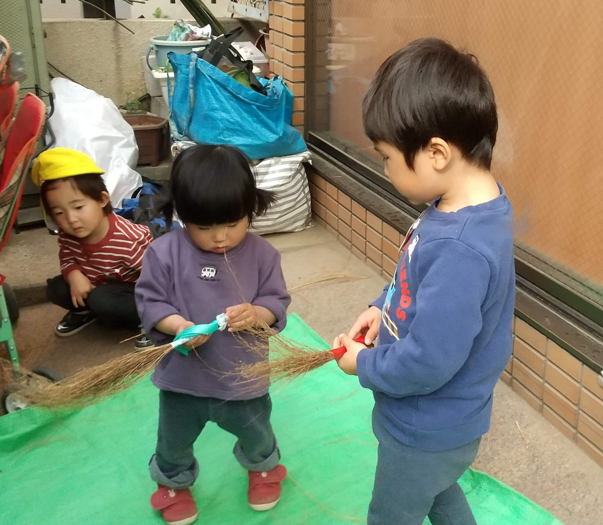 コキアを束ねてほうきの形にする子どもたち