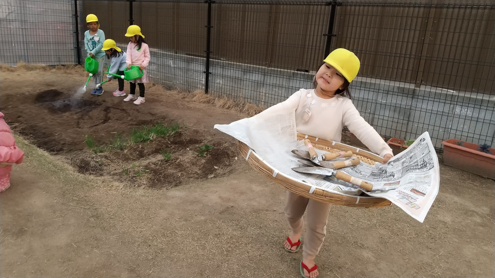 後片付けや水やりをする子どもたち